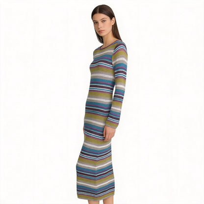 Women's Fitted Fine Knit Midi Dress with Striped Pattern and Round Neckline Shop Velvia