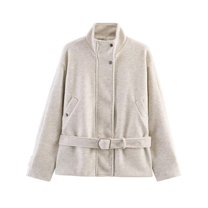 Women's Boxy Wool Jacket with Stand-Up Collar, Concealed Snap Button Placket and D-Ring Waist Belt Shop Velvia