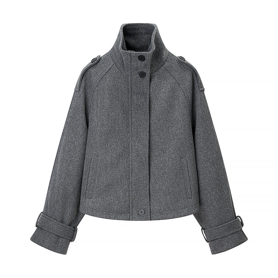 Women's short cut wool blend cropped jacket with stand-up collar, epaulettes, and adjustable sleeve straps Shop Velvia