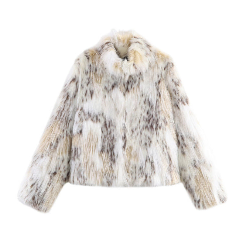 Women Short Cut Faux Fur Jacket with Stand Collar and Voluminous Faux Fur Shop Velvia