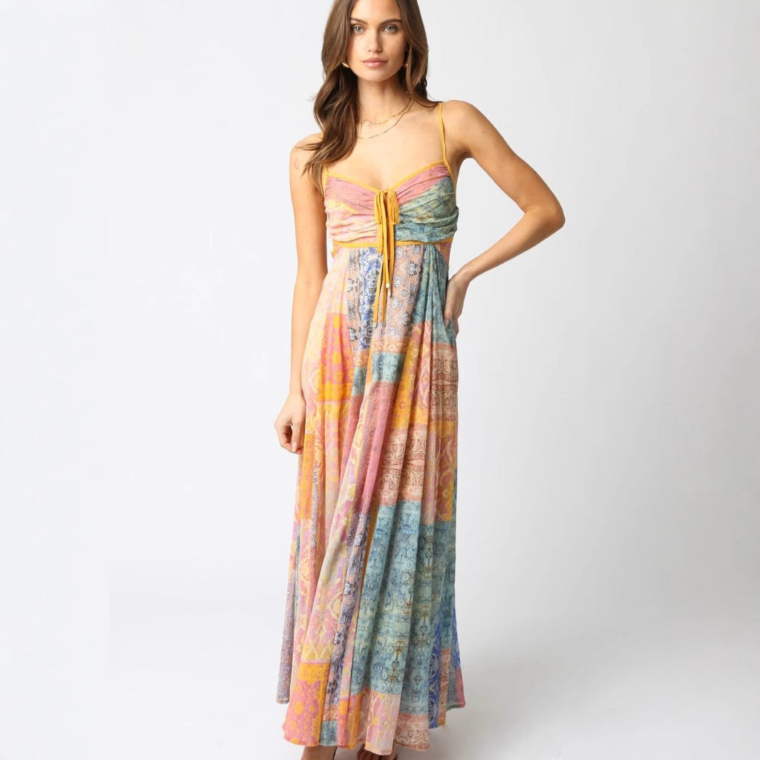 Women’s floor-length maxi dress with shirred bustier, drawstring and patchwork print
