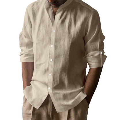 Men's Elegant Linen Shirt with Stand Collar and Button Details Shop Velvia