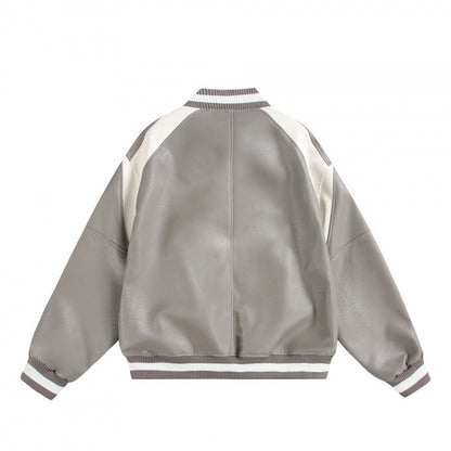 Unisex Boxy Oversized Faux Leather Bomber Jacket with Contrast Panels and Ribbed Cuffs Shop Velvia