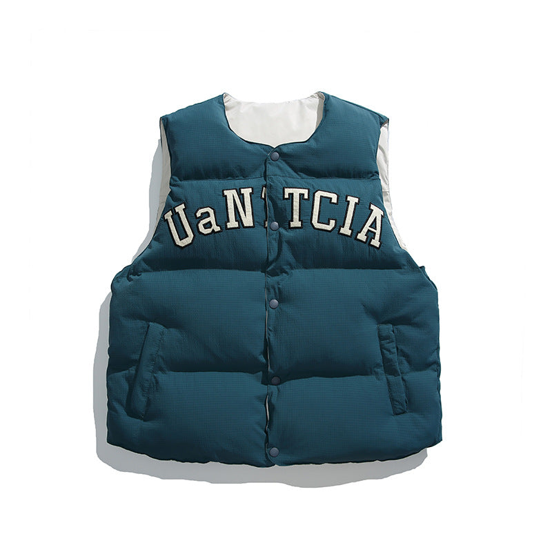 Unisex Padded Quilted Vest in Boxy Cut with Snap Button Closure and College Logo Print Shop Velvia