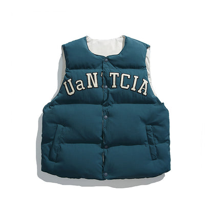 Unisex Padded Quilted Vest in Boxy Cut with Snap Button Closure and College Logo Print Shop Velvia