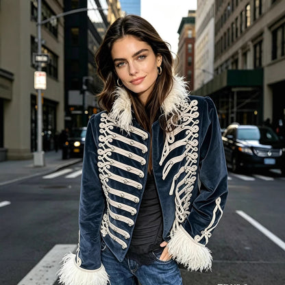 Women's tailored velvet military jacket with decorative cord appliqués and feather trim Shop Velvia