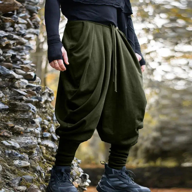 Men's nan avant-garde harem pants with wrap front, elastic waistband, and slim lower leg Shop Velvia