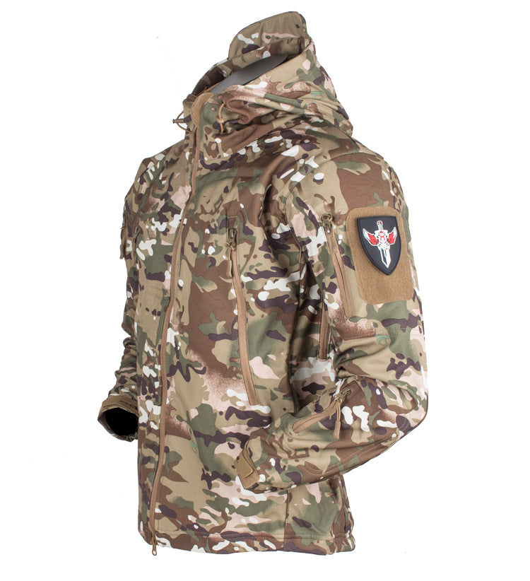 Men's Tactical Softshell Jacket with Hood, Camouflage Pattern and Multiple Zipper Pockets Shop Velvia