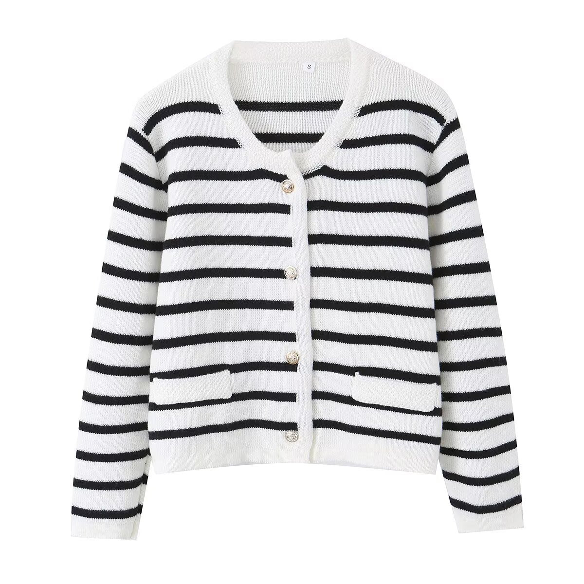 Women Striped Cardigan with Round Neck, Decorative Button Placket and Patch Pockets Shop Velvia