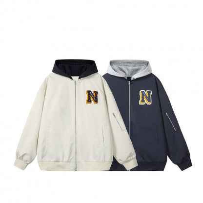 Men's college bomber jacket in oversized style with hood insert and logo patch Shop Velvia