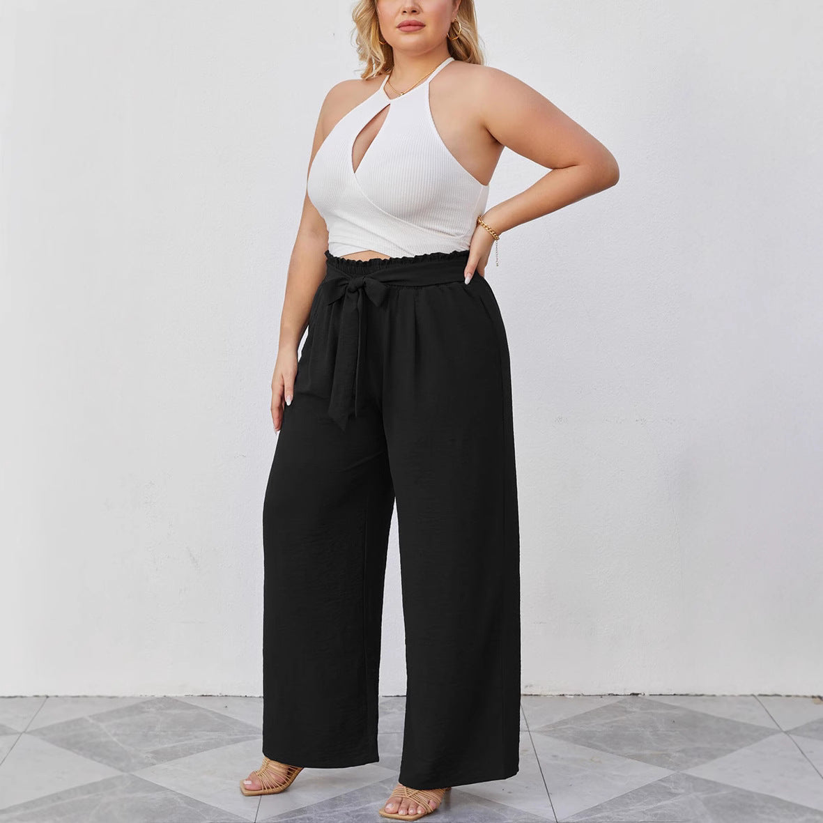 Women's Wide Culottes in Linen Look with Paperbag Waist, Tied Belt and Side Pockets Shop Velvia