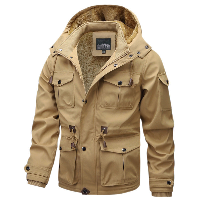 Men's Military-Inspired Canvas Parka with Teddy Fleece Lining and Adjustable Waist Drawstring Shop Velvia