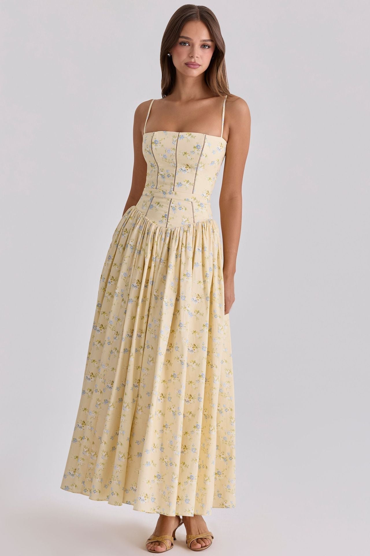 Women's fitted maxi dress with corset top and fine spaghetti straps