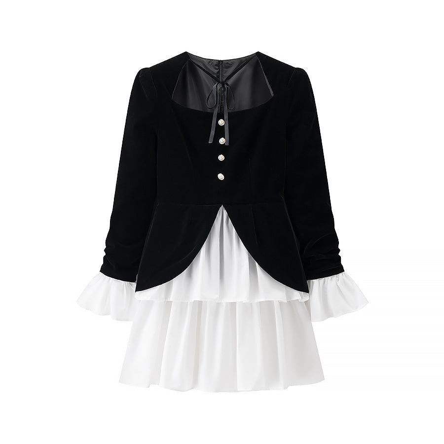 Women’s velvet dress with fitted bodice, puff sleeves, and layered ruffle skirt Shop Velvia