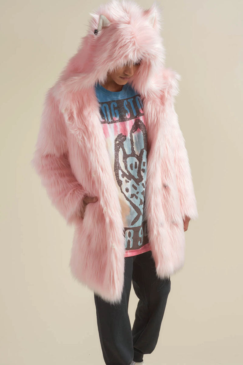 Women's Longer Hooded Faux Fur Coat with Animal Ears and Fluffy High Pile Shop Velvia