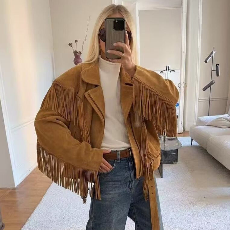 Women Short Suede Biker Jacket with Oversized Silhouette and Long Fringes Shop Velvia