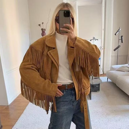 Women Short Suede Biker Jacket with Oversized Silhouette and Long Fringes Shop Velvia