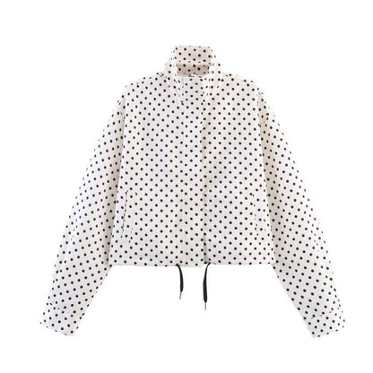 Women's Cropped Quilted Jacket with Polka Dot Print, Stand Collar and Drawstring Shop Velvia