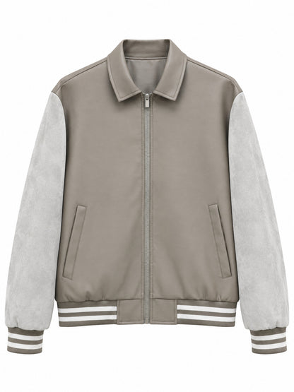 Men's Retro Letterman Bomber with Smooth Faux Leather Body and Velvet Sleeve Detail Shop Velvia