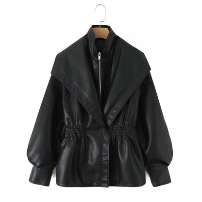 Women's Faux Leather Jacket with Wide Shawl Collar and Gathered Waistband Shop Velvia