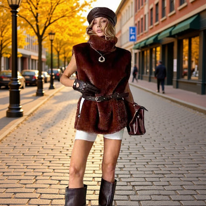 Women Short Sleeveless Faux Fur Vest with High Collar and Waist Belt Shop Velvia