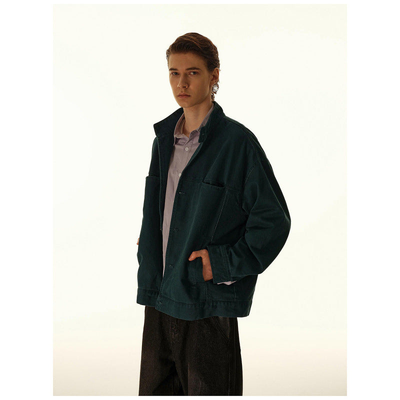 Men's Loose Canvas Overshirt with Stand-Up Collar, Patch Pockets and Distinctive Stitching Details Shop Velvia