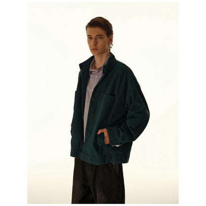 Men's Loose Canvas Overshirt with Stand-Up Collar, Patch Pockets and Distinctive Stitching Details Shop Velvia