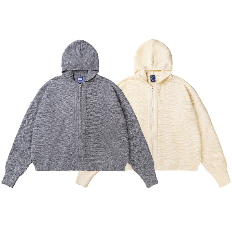 Unisex Knit Hooded Jacket with Textured Pattern and Full Zip Shop Velvia