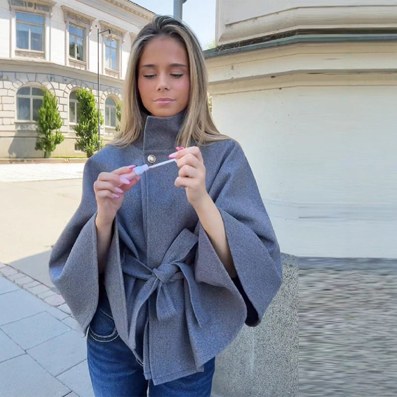 Women's short cape made of wool blend with asymmetric stand-up collar and waist tie belt Shop Velvia