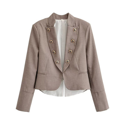 Women's Tailored Short Blazer with Decorative Double Button Placket and Shaped Hem Shop Velvia
