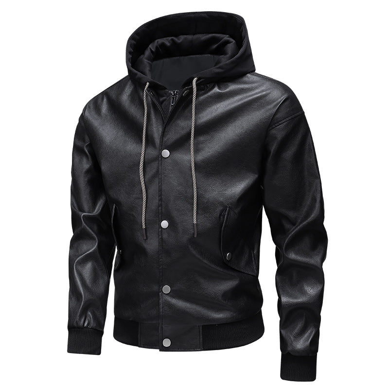 Men's leather bomber jacket with integrated hood insert and ribbed cuffs Shop Velvia