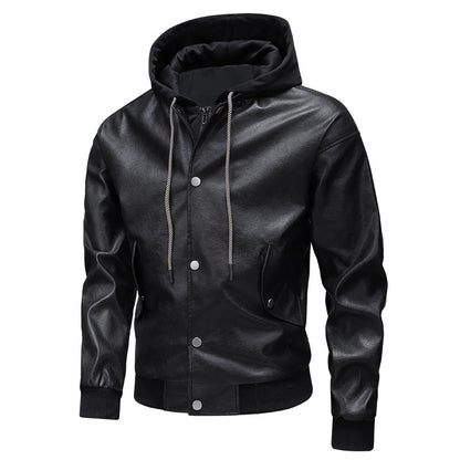 Men's leather bomber jacket with integrated hood insert and ribbed cuffs Shop Velvia