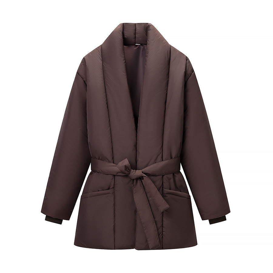 Women's Short Quilted Tailored Quilted Jacket with Shawl Collar and Tie Belt Shop Velvia