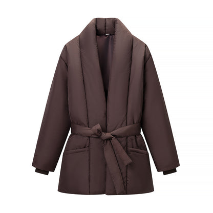 Women's Short Quilted Tailored Quilted Jacket with Shawl Collar and Tie Belt Shop Velvia