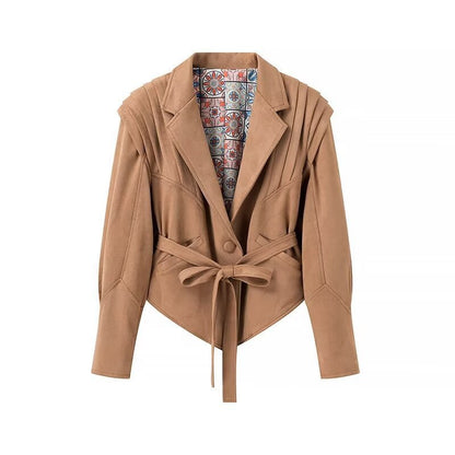 Women's Tailored Suede Wrap Blazer with Padded Shoulders and Tie Belt Shop Velvia