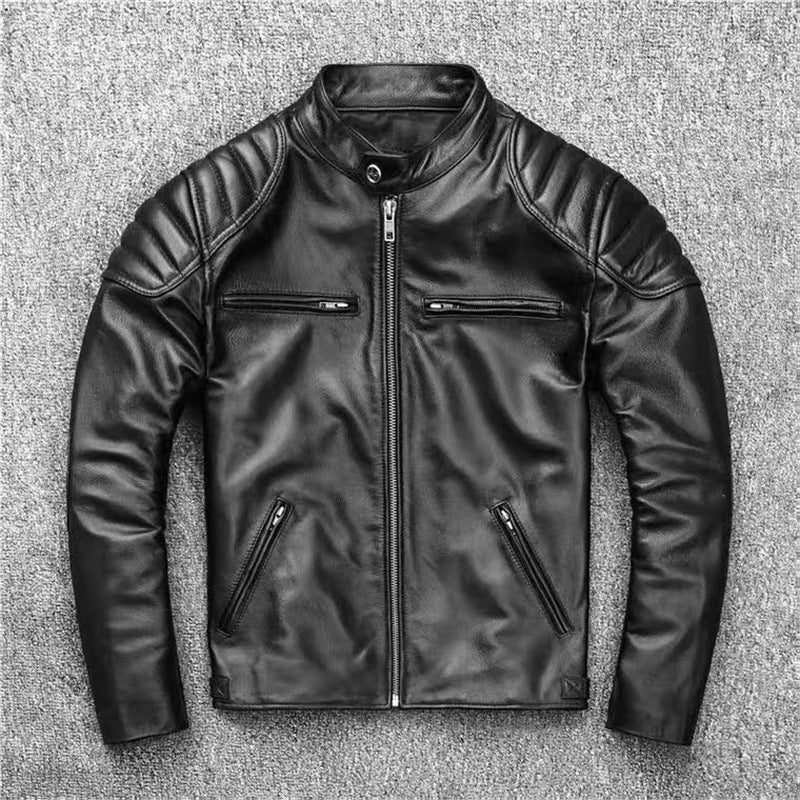 Men's Vintage Biker Leather Jacket with Stand Collar and Quilted Shoulder Padding Shop Velvia