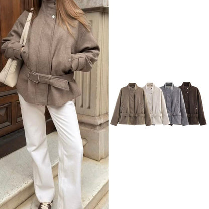 Women's short jacket made of wool blend with waistband, stand-up collar and flap pockets Shop Velvia