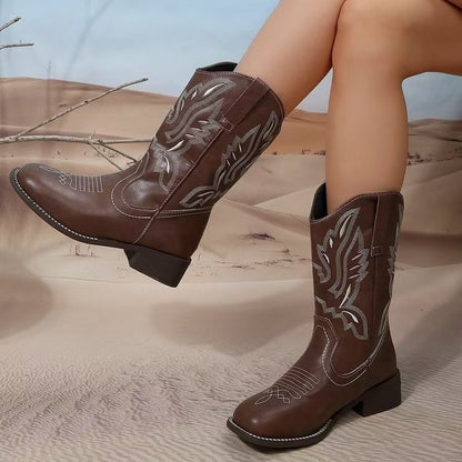 Ladies' Western cowboy boots with pointed toe, embroidered shaft, and medium block heel Shop Velvia