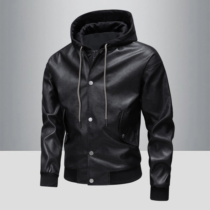 Men's leather bomber jacket with integrated hood insert and ribbed cuffs Shop Velvia