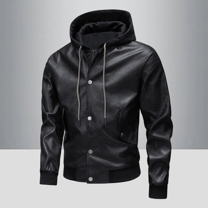 Men's leather bomber jacket with integrated hood insert and ribbed cuffs Shop Velvia