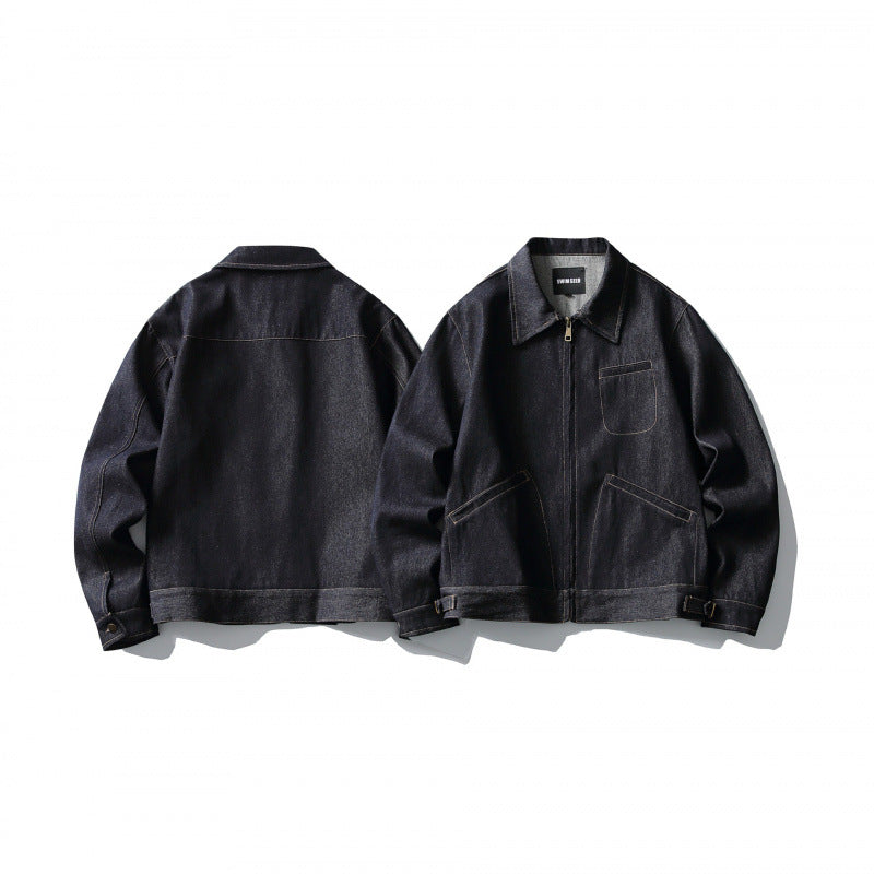 Men's Boxy Denim Jacket in Worker Style with Full Zip and Chest Pocket Shop Velvia