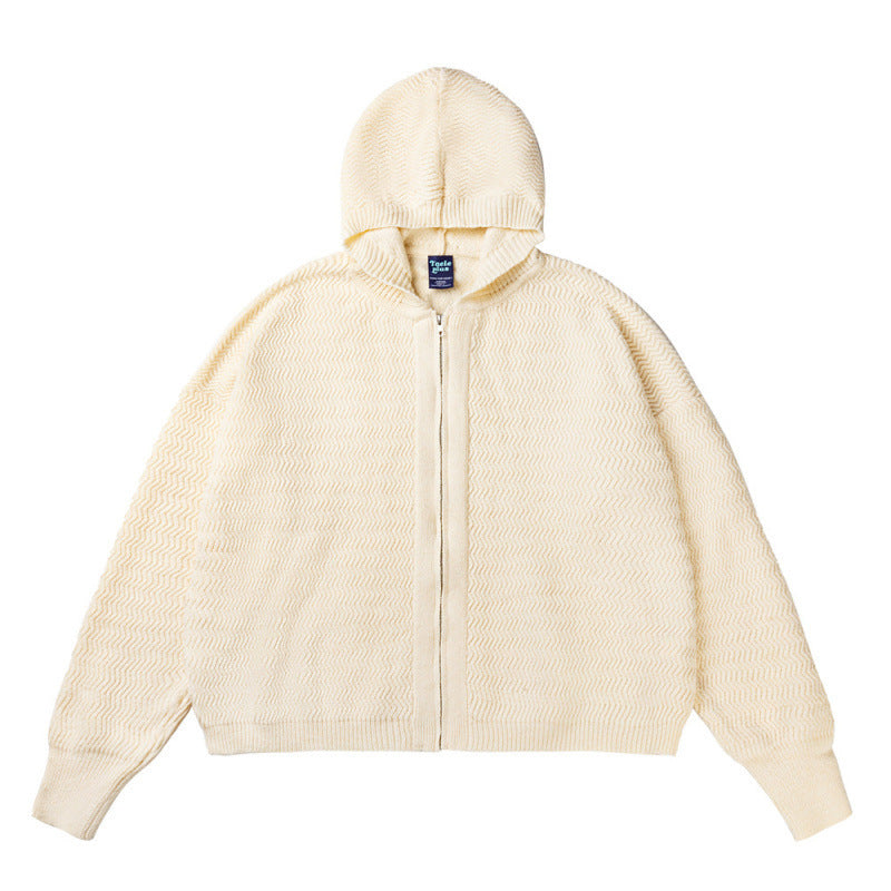 Unisex Knit Hooded Jacket with Textured Pattern and Full Zip Shop Velvia