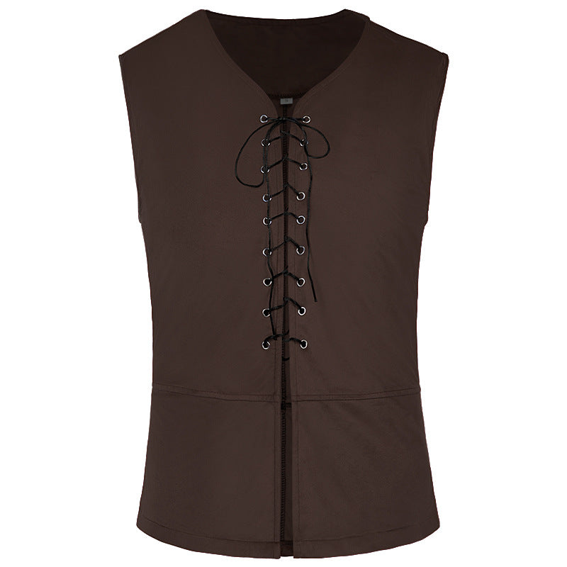 Men's sleeveless vintage linen shirt with breast lacing and stand-up collar Shop Velvia
