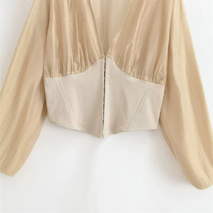 Women's Cropped Chiffon Blouse with Deep V-Neck and Tailored Corset Waist Shop Velvia