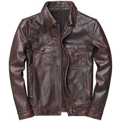 Men's leather jacket in vintage biker style with chest pockets and zipper Shop Velvia