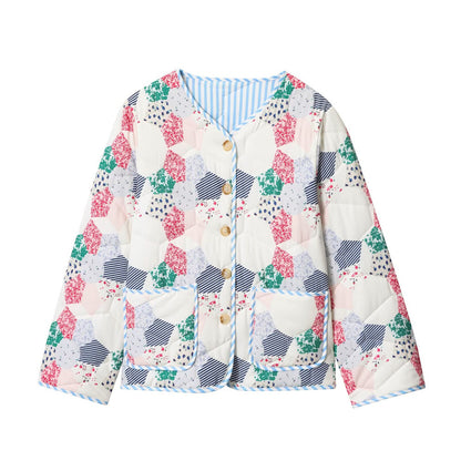 Women's Quilted Short Jacket in Patchwork Quilt Look with Button Placket and Patch Pockets Shop Velvia