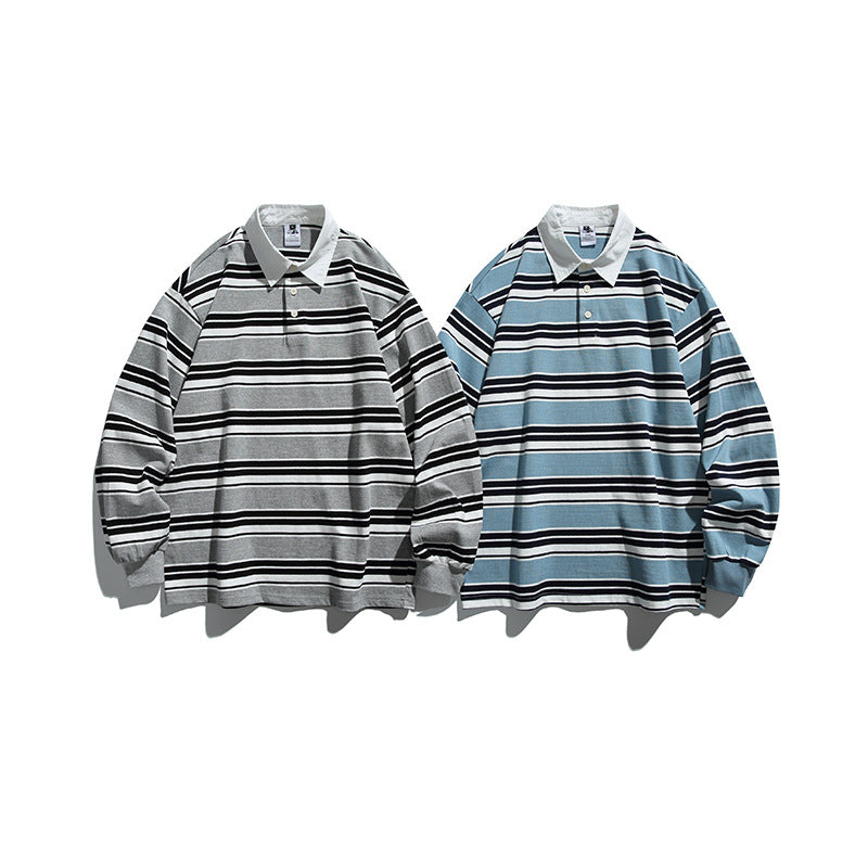 Unisex Oversize-Long Sleeve-Rugby Shirt with Contrast Collar and Distinctive Striped Pattern Shop Velvia