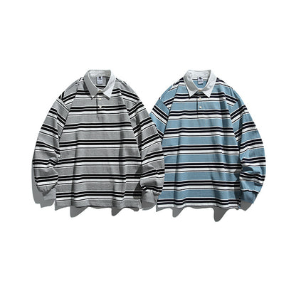 Unisex Oversize-Long Sleeve-Rugby Shirt with Contrast Collar and Distinctive Striped Pattern Shop Velvia