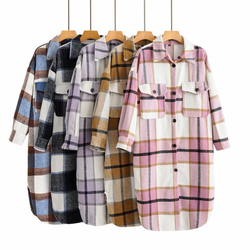 Women's Checked Longline Shacket Coat with Rounded Hem and Patch Breast Pockets Shop Velvia