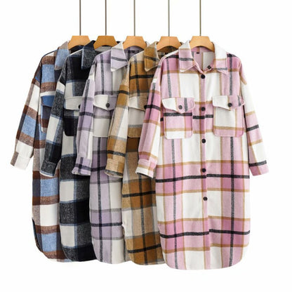 Women's Checked Longline Shacket Coat with Rounded Hem and Patch Breast Pockets Shop Velvia
